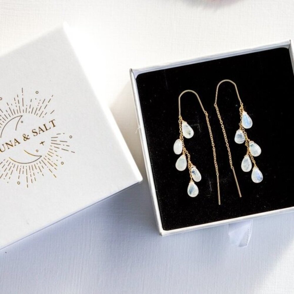 Moonstone Threader Earrings Gemstone Dangle Gold Non-tarnish Earrings Gorgeous